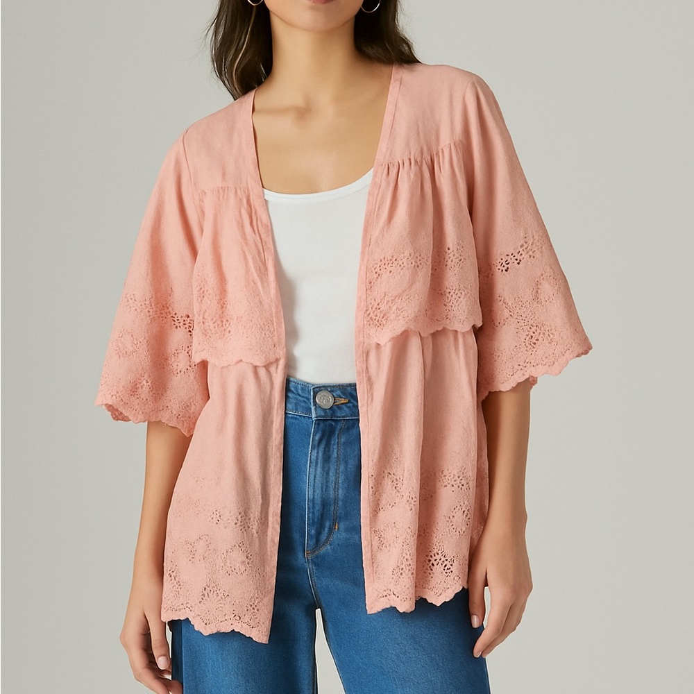 Very J Dusty Pink 100% Cotton Eyelet Kimono Cardigan Jacket Size M